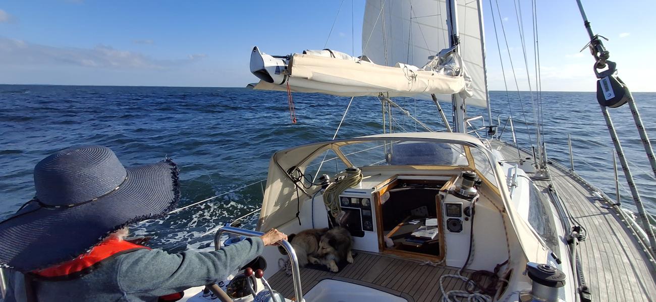 Wind von achtern, das Vorsegel zieht uns mit 7 bis 8 Knoten zum nächsten Hafen.